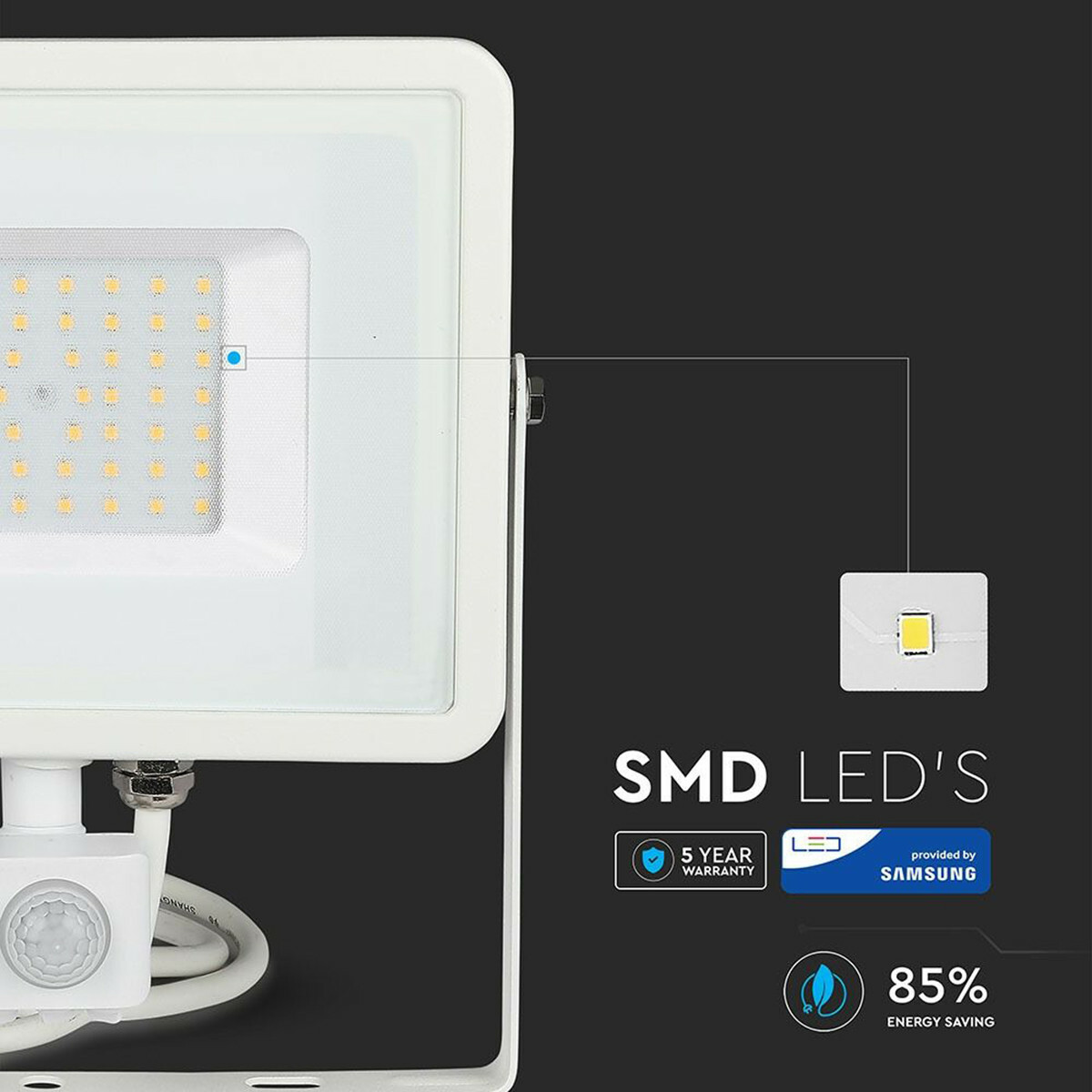 SAMSUNG - LED Baustrahler 50 Watt met Sensor - LED Fluter - Viron Dana - Universalweiß 4000K - Mattweiß - Aluminium