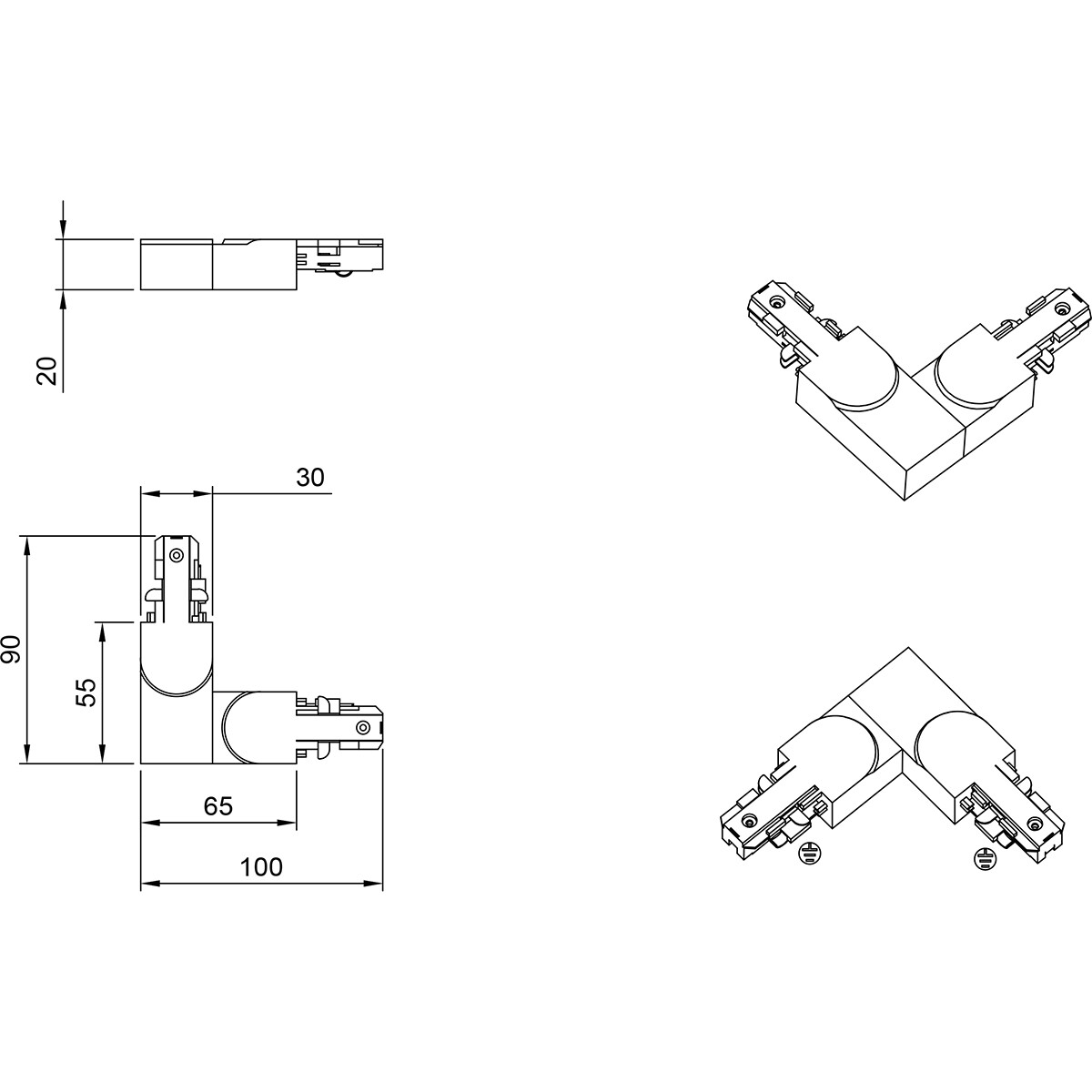 Stromschiene Verbinder - Trion Dual - L-Verbinder - Erde Innen - 2 Phasen - Matt Titan