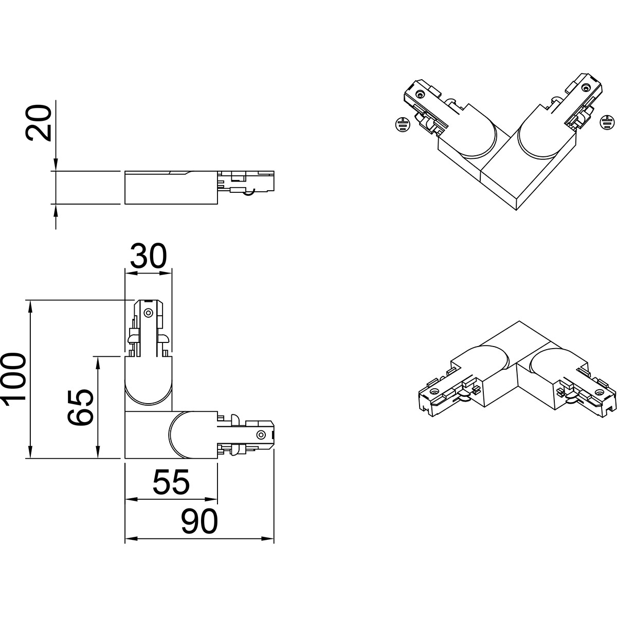 Stromschiene Verbinder - Trion Dual - L-Verbinder - Erde Außen - 2 Phasen - Matt Weiß