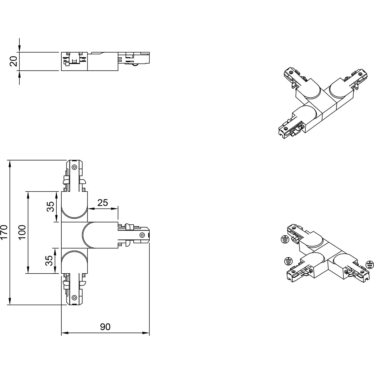 Stromschiene Verbinder - Trion Dual - T-Verbinder - Erde Links - 2 Phasen - Matt Titan