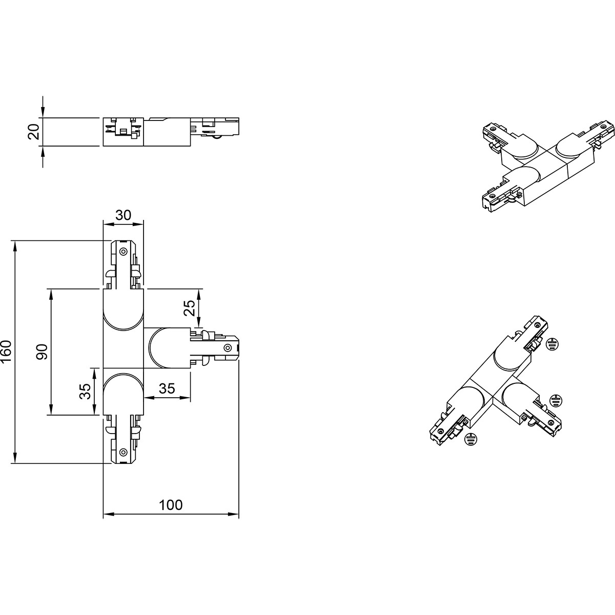 Stromschiene Verbinder - Trion Dual - T-Verbinder - Erde Rechts - 2 Phasen - Matt Weiß