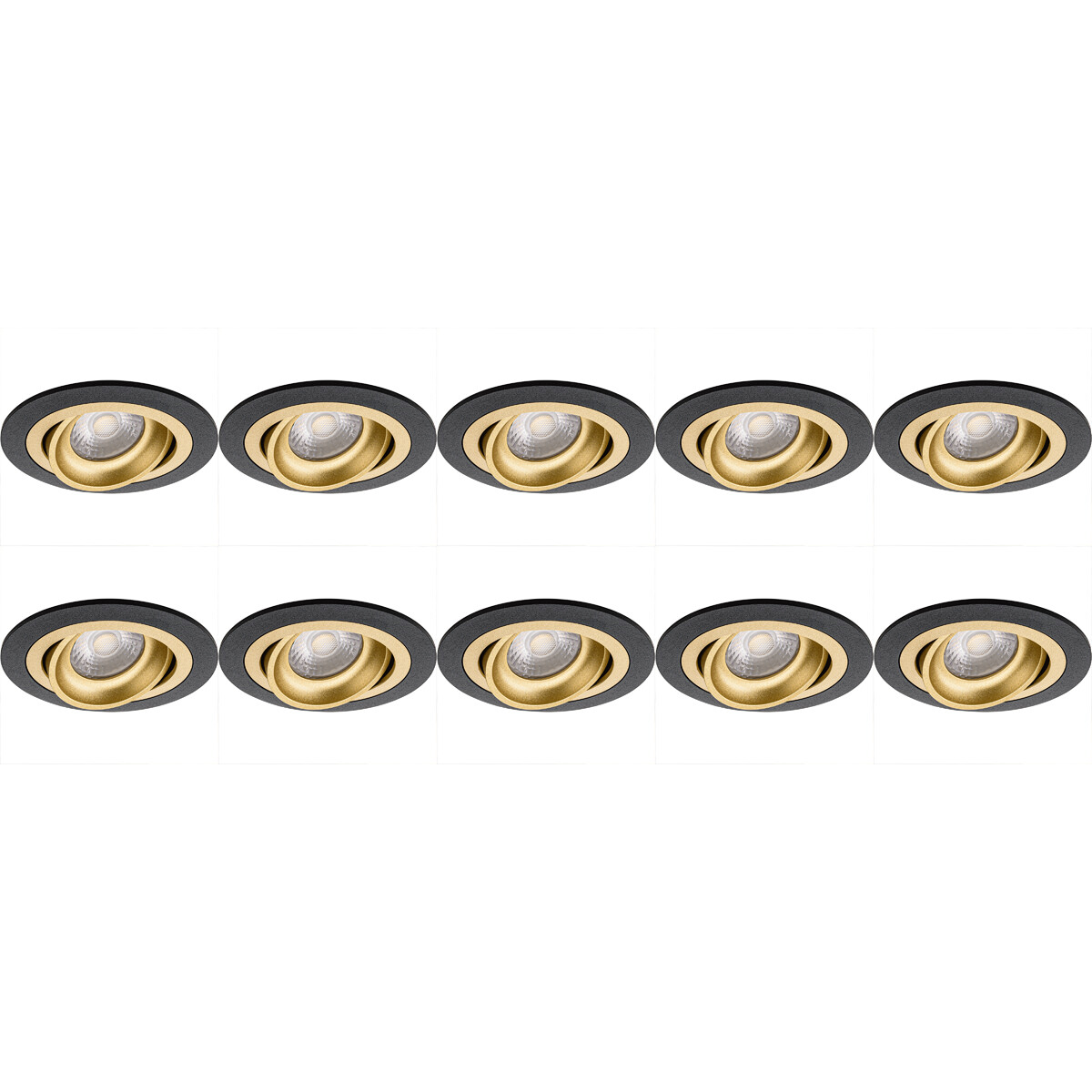 Spot Einbaurahmen 10er Pack - Pragmi Alpin Pro - GU10 Einbauspot - Rund - Schwarz/Gold - Aluminium - Schwenkbar - Ø92mm