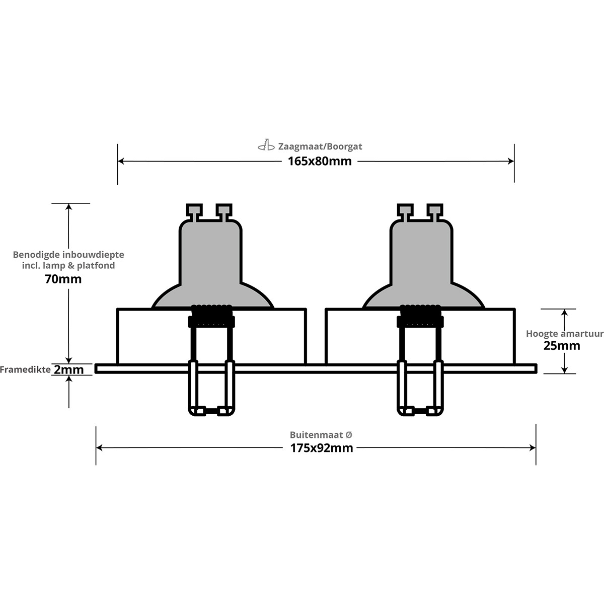 Einbauleuchte GU10 - Pragmi Borny Pro - Einbau Rechteckig Doppel - Mattschwarz - Aluminium - Kippbar - 175x92mm