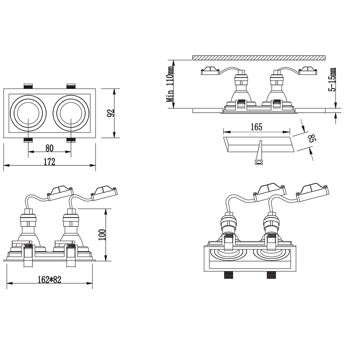 Einbauleuchte GU10 - Trion Kenan - Einbau Rechteckig - 2-flammig - Mattweiß - Aluminium - Vertieft - Kippbar - Ø90