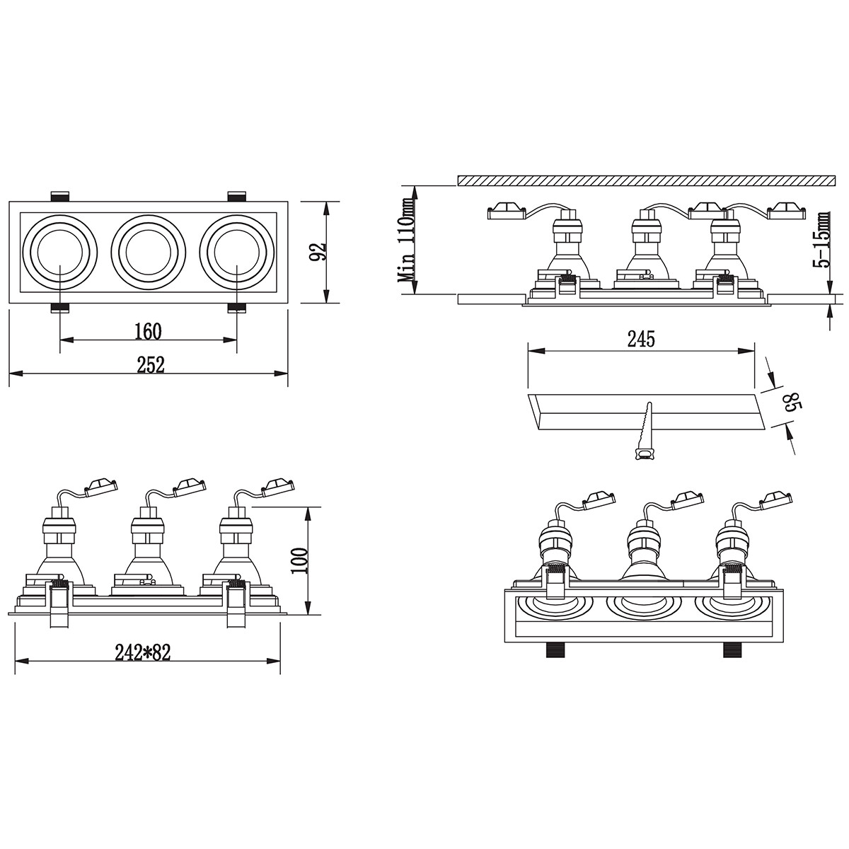 Einbauleuchte GU10 - Trion Kenan - Einbau Rechteckig - 3-flammig - Mattweiß - Aluminium - Vertieft - Kippbar - Ø90