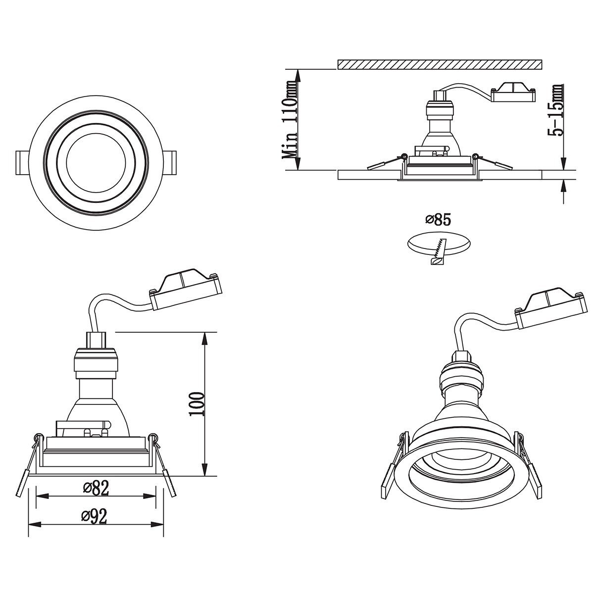 Einbauleuchte GU10 - Trion Kenan - Einbau Rund - 1-flammig - Mattweiß - Aluminium - Vertieft - Kippbar - Ø90