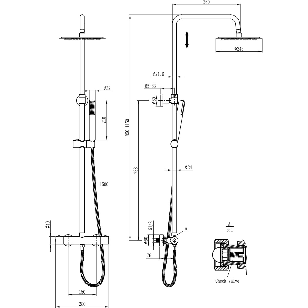 Thermostatische Regenduschset - Leoni Rimbo - 20cm - Runde Kopfbrause - Stabhandbrause - Edelstahl - Matt Schwarz