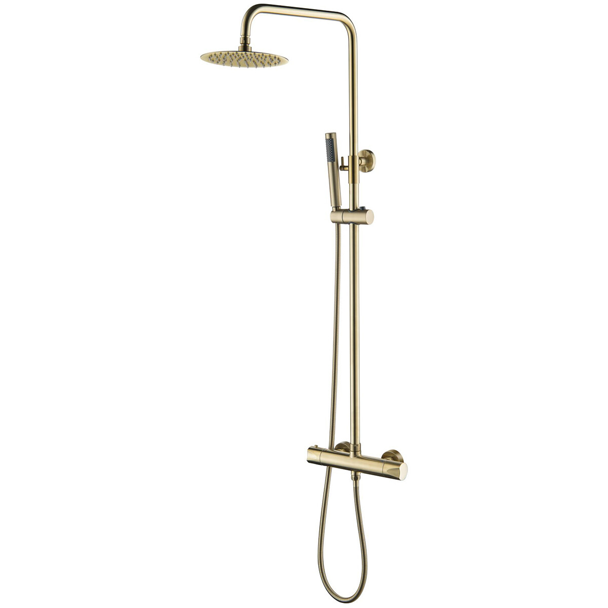 Thermostatische Regenduschset - Leoni Rimbo - 20cm - Runde Kopfbrause - Stabhandbrause - Edelstahl - PVD - Gebürstetes Gold