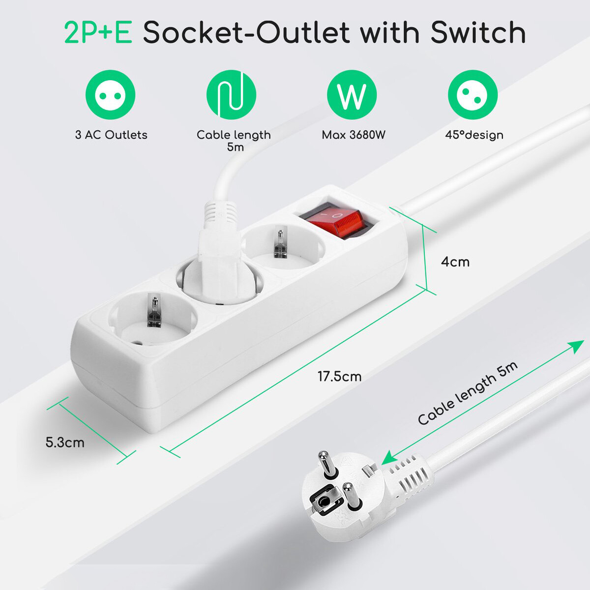 Steckdosenleiste mit Schalter - Aigi Antris - 3680W - 3 Steckdosen - 5 Meter - Weiß