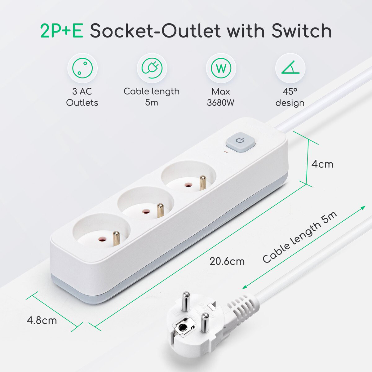 Steckdosenleiste mit Schalter - Aigi Anzim - 2300W - 3-fach - 5 Meter - Weiß | Französisch