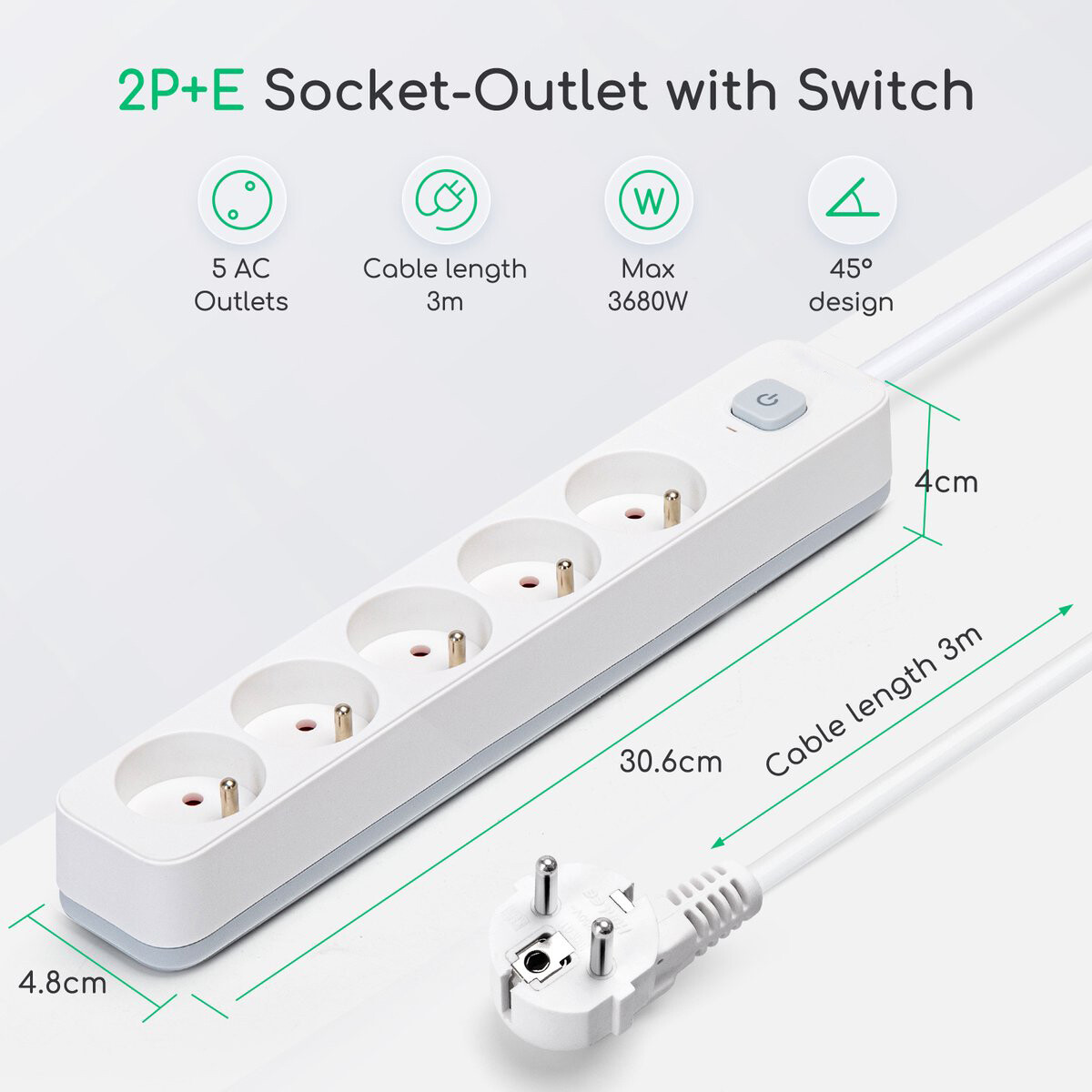 Steckdosenleiste mit Schalter - Aigi Anzim - 2300W - 5-fach - 3 Meter - Weiß | Französisch