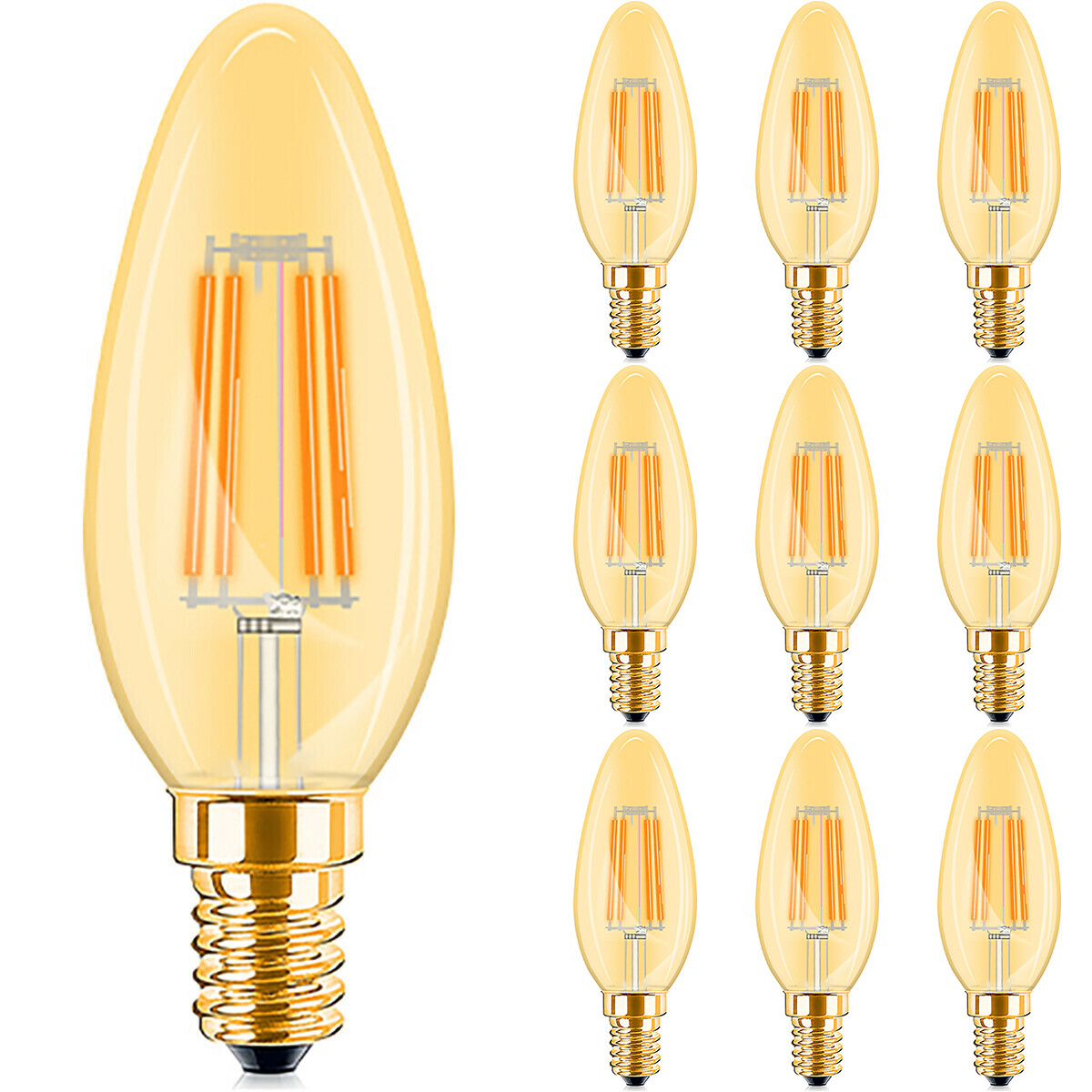 Vorteilspack 10x LED-Lampe E14 Kerze Filament - Brinton - Amber 4W 360lm - 822 Sehr Warmweiß 2200K - C35 - Dimmbare | Ersatz für 32W