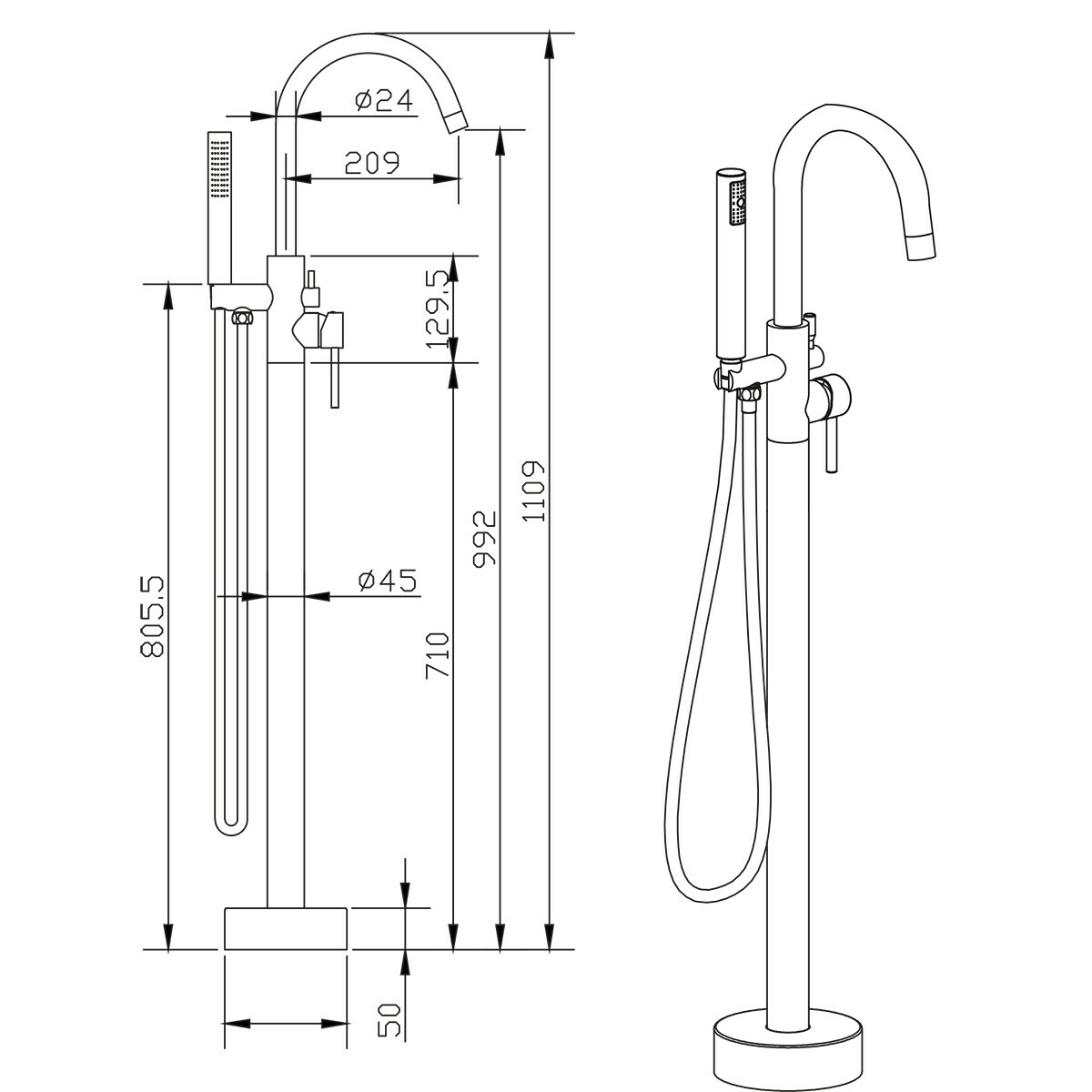 Freistehende Badarmatur - Leoni - 110.9 cm - Handbrauseset - Edelstahl - PVD - Gebürstetes Kupfer